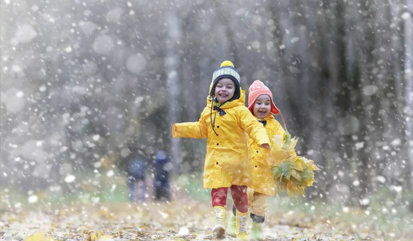 Petits enfants en promenade dans le parc d'automne. Premier gel et le premier — Photo