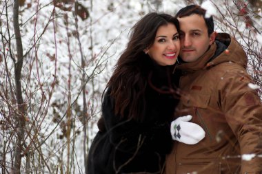 Genç bir çift bir kış Parkta yürümek