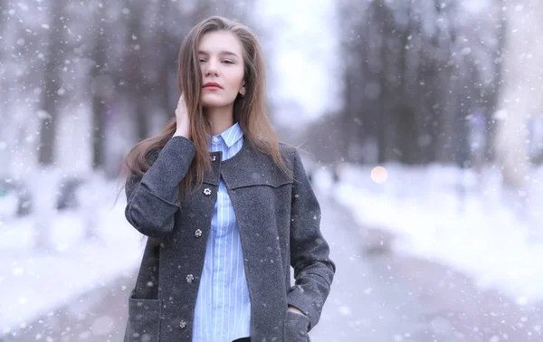 Chica joven al aire libre en invierno. Modelo chica posando al aire libre en un w — Foto de Stock
