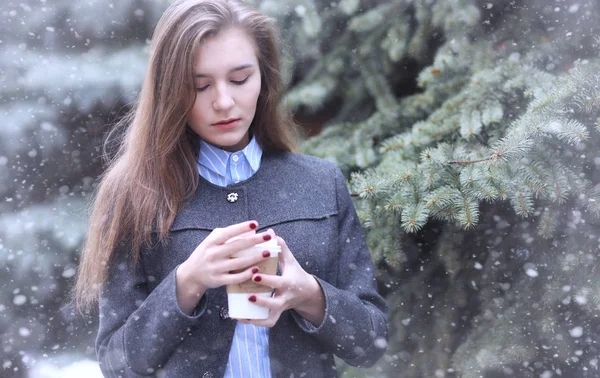 Mladá dívka venku v zimě. Model dívka pózuje venku na w — Stock fotografie