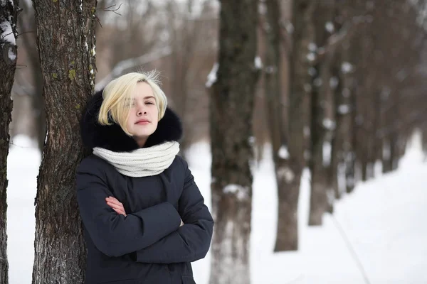 Menina bonita nova em um passeio no parque de inverno — Fotografia de Stock