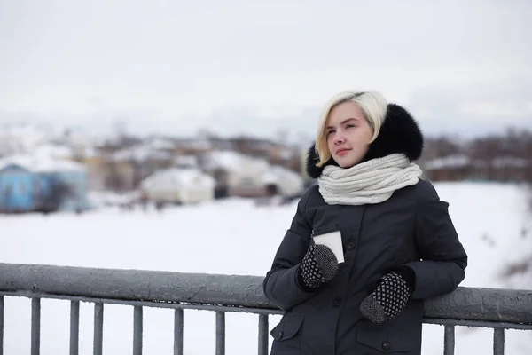 Kışın bir yolda genç güzel kız — Stok fotoğraf