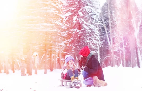 A winter fairy tale, a young mother and her daughter ride a sled