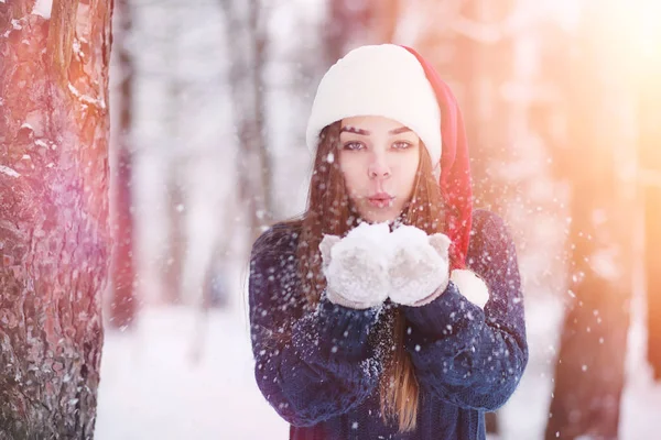 Genç bir kız bir kış parkta bir yürüyüş. Noel tatili t