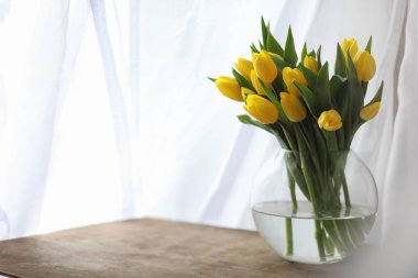 Bir buket pencere üzerinde bir vazoda Sarı laleler. Bir hediye t