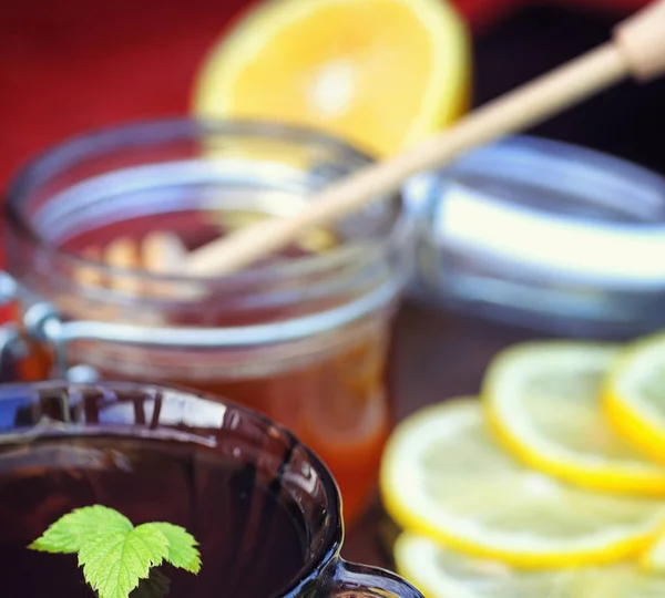 Té con limón y menta en la naturaleza. Una taza de té de menta caliente con le — Foto de Stock