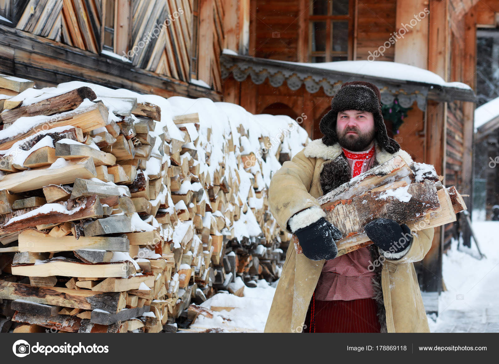 Traditional winter costume of peasant medieval age in russia
