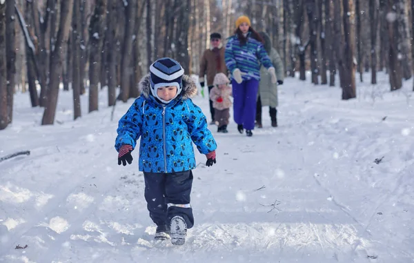 Niño jugando en un parque de invierno y divertirse con la familia — Foto de Stock
