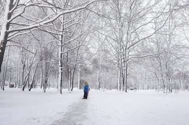 Karla kaplı Kış park ve banklar. Park ve beslenme için pier