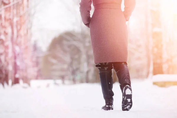 Una joven en un parque de invierno en un paseo. Vacaciones de Navidad en t —  Fotos de Stock