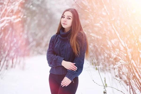 Genç bir kız bir kış parkta bir yürüyüş. Noel tatili t