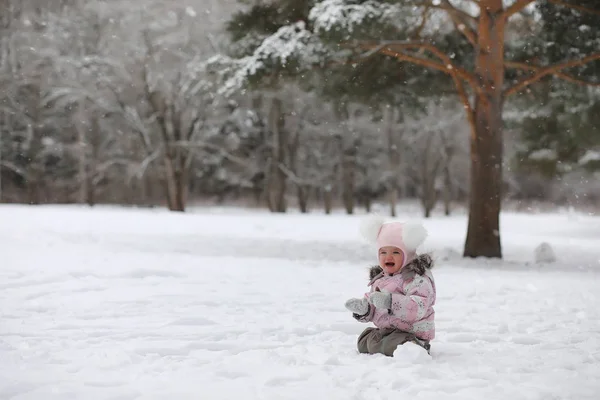 I bambini camminano nel parco in inverno. Foresta invernale una famiglia con — Foto Stock