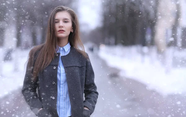 Menina jovem ao ar livre no inverno. Modelo menina posando ao ar livre em um w — Fotografia de Stock