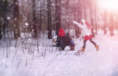 Bir kış masal, genç bir anne ve kızı bir kızak sürmek