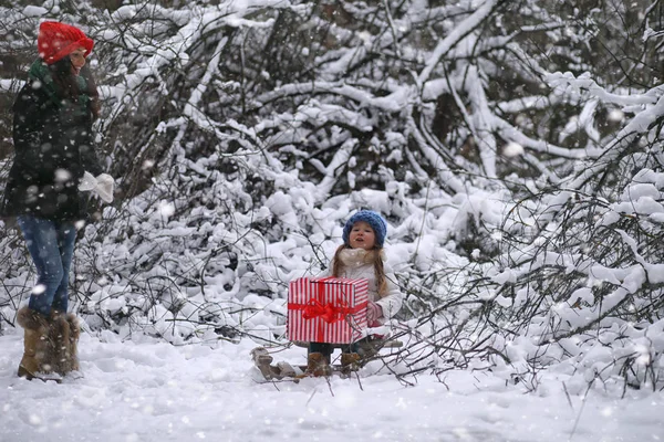 Un cuento de hadas de invierno, una joven madre y su hija montan en un trineo —  Fotos de Stock