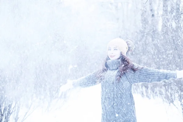Hermosa chica en una hermosa nieve de invierno — Foto de Stock