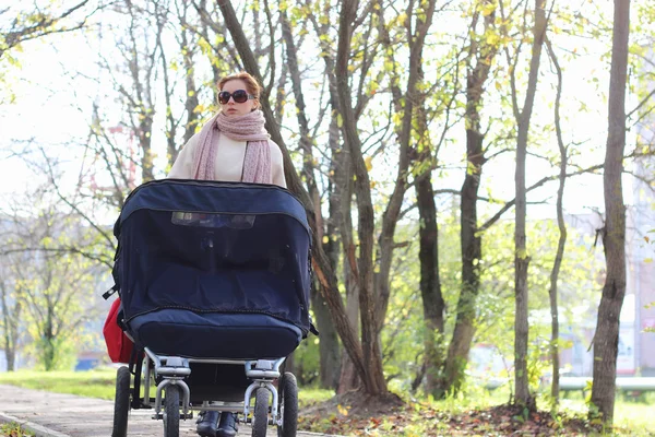 Girl in the park with stroller — Stock Photo, Image