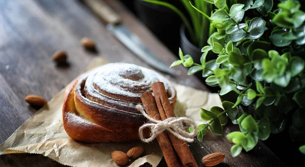 Tarte à la cannelle et pommes sur une table en bois. Pâtisserie fraîche esprit — Photo