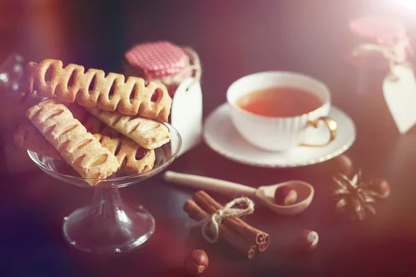 Set for breakfast. Sweets and pastries with nuts for tea on a bl — Stock Photo, Image