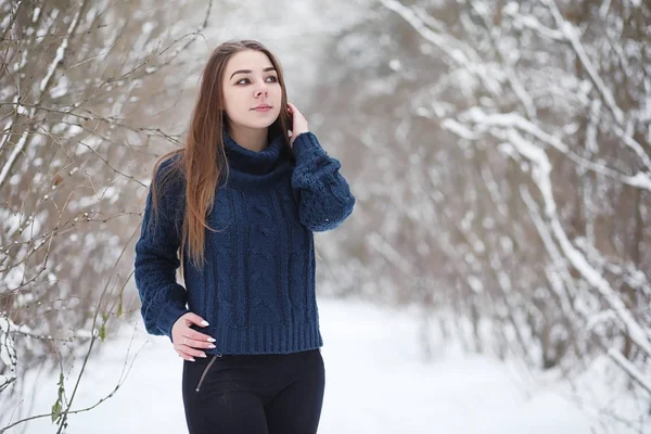 Uma menina em um parque de inverno em uma caminhada. Festas de Natal em t — Fotografia de Stock