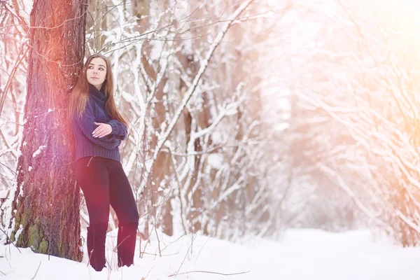 Una ragazza in un parco invernale a fare una passeggiata. Vacanze di Natale in t — Foto Stock