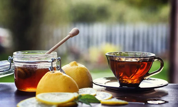 Chá com limão e hortelã na natureza. Uma xícara de chá de hortelã quente com le — Fotografia de Stock