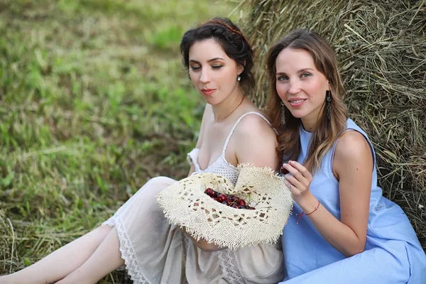 Dos chicas en vestidos en el campo de verano — Foto de Stock