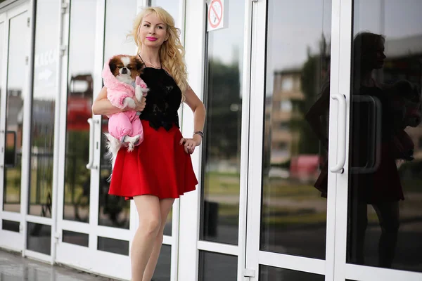 Красивая молодая блондинка с собачкой — стоковое фото