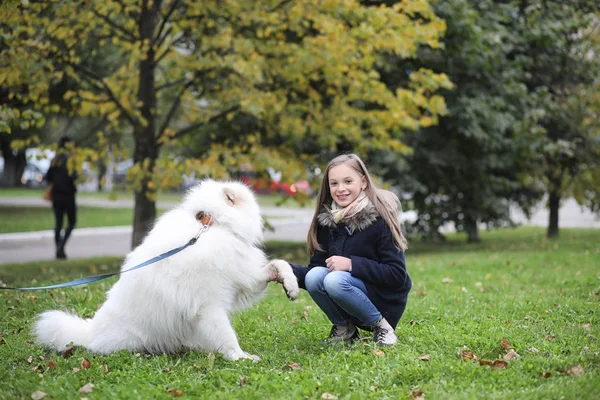 Härlig flicka på promenad med en vacker hund — Stockfoto