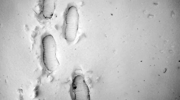 Fotspår i snön. Fotspår på den första snön. Imprint en — Stockfoto
