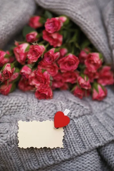 Bouquet di rose rosse sul maglione tessile — Foto Stock