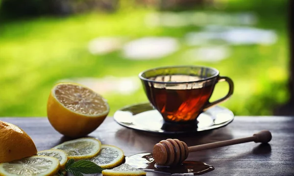 Teh dengan lemon dan mint di alam. Secangkir teh mint panas dengan le — Stok Foto