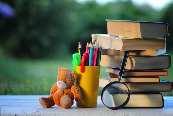 Educaion terug school boek stapel pagina buiten — Stockfoto