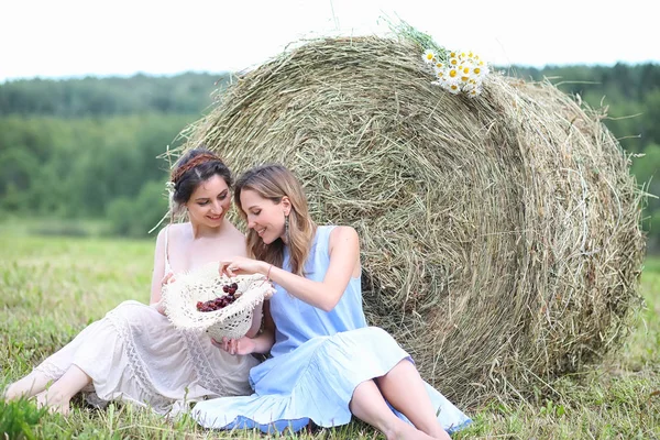 Dos chicas en vestidos en el campo de verano — Foto de Stock