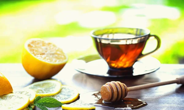 Chá com limão e hortelã na natureza. Uma xícara de chá de hortelã quente com le — Fotografia de Stock