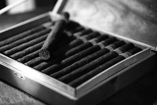 Monochrome photo of large wooden box of cigars handmade Cuban — Stock Photo, Image