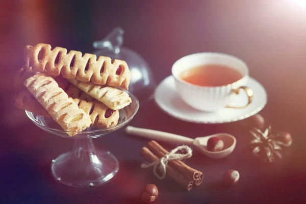 Set for breakfast. Sweets and pastries with nuts for tea on a bl — Stock Photo, Image