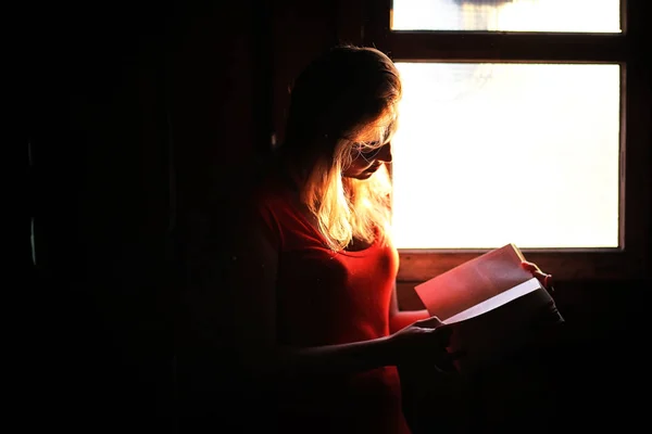 Silhouette eines schönen Mädchens in einem roten Kleid — Stockfoto