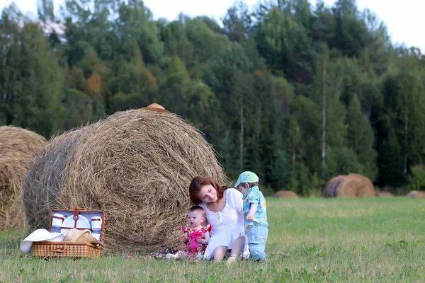 Madre con gemelos en el campo — Foto de Stock