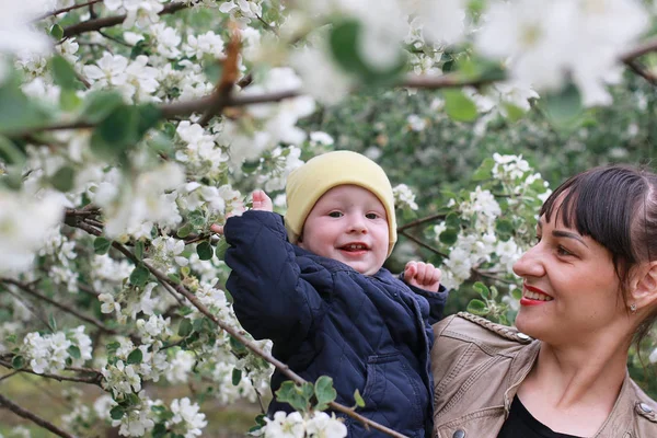 Дівчина з дочкою в весняному яблучному саду — стокове фото