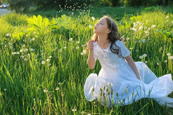 Semi di soffiaggio adolescenti da un fiore di dente di leone in un parco di primavera — Foto Stock