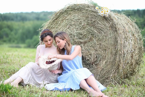 Dos chicas en vestidos en el campo de verano — Foto de Stock