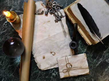 Retro kağıtları ve tablo Dedektif araçlar arka plan ile ilgili kitap