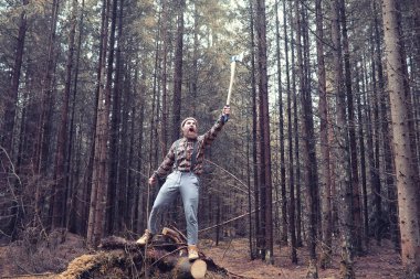 Büyük bir balta ile sakallı bir oduncu ağaç felling önce inceler