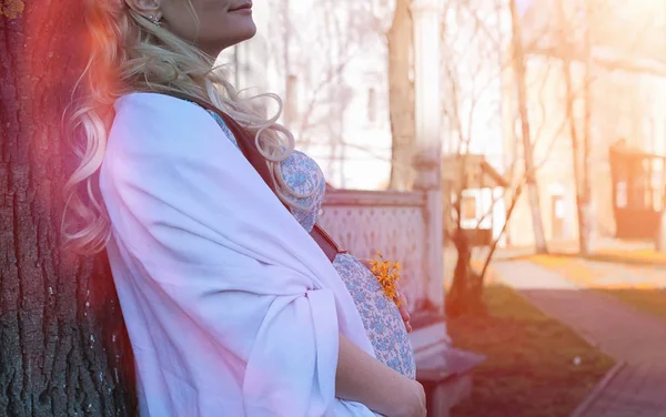 Ragazza incinta in una passeggiata nel parco. Ragazza con una pancia nel ci — Foto Stock