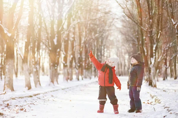 Crianças no parque de inverno jogar — Fotografia de Stock