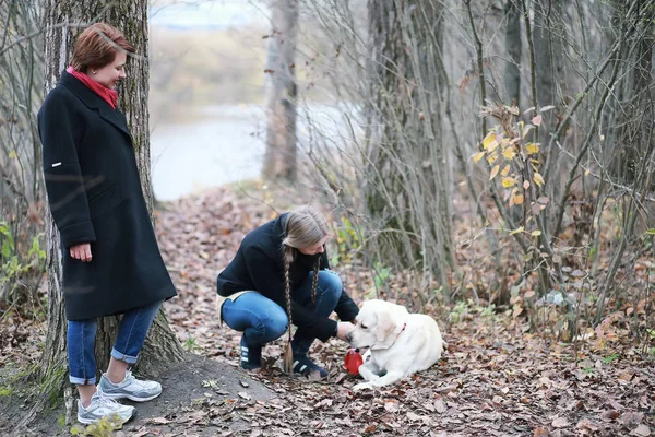 Mor Och Tonåring Promenad Höstträdgården — Stockfoto