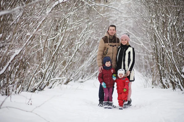 Giovani famiglie con bambini camminano nel parco invernale. Winte — Foto Stock