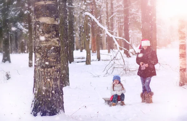 Зимова казка, молода мама і її дочка катаються на санях — стокове фото