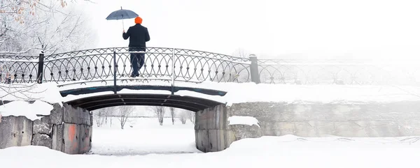 Passeio de inverno com um guarda-chuveiro.Homem de casaco com guarda-chuva, wal — Fotografia de Stock